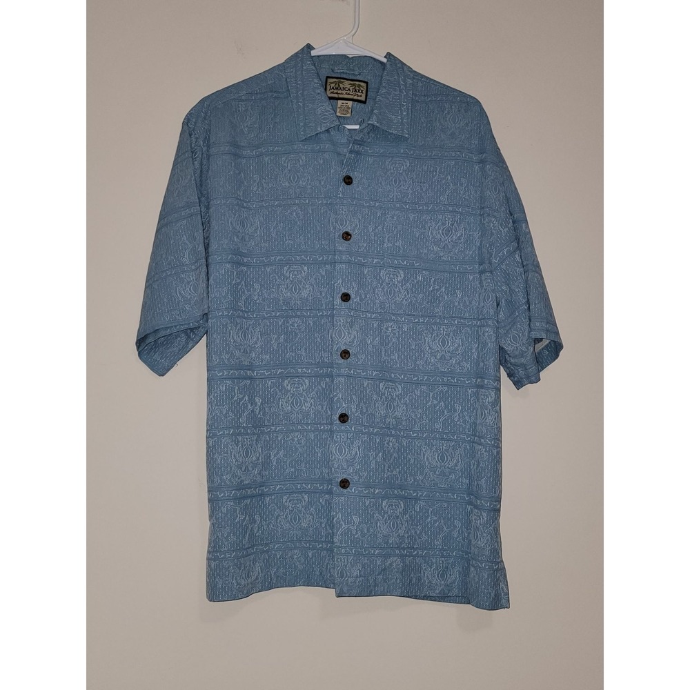 Jamaica Jaxx Men Silk Aloha Hawaiian Shirt Blue Pattern Short Sleeve Button Up M